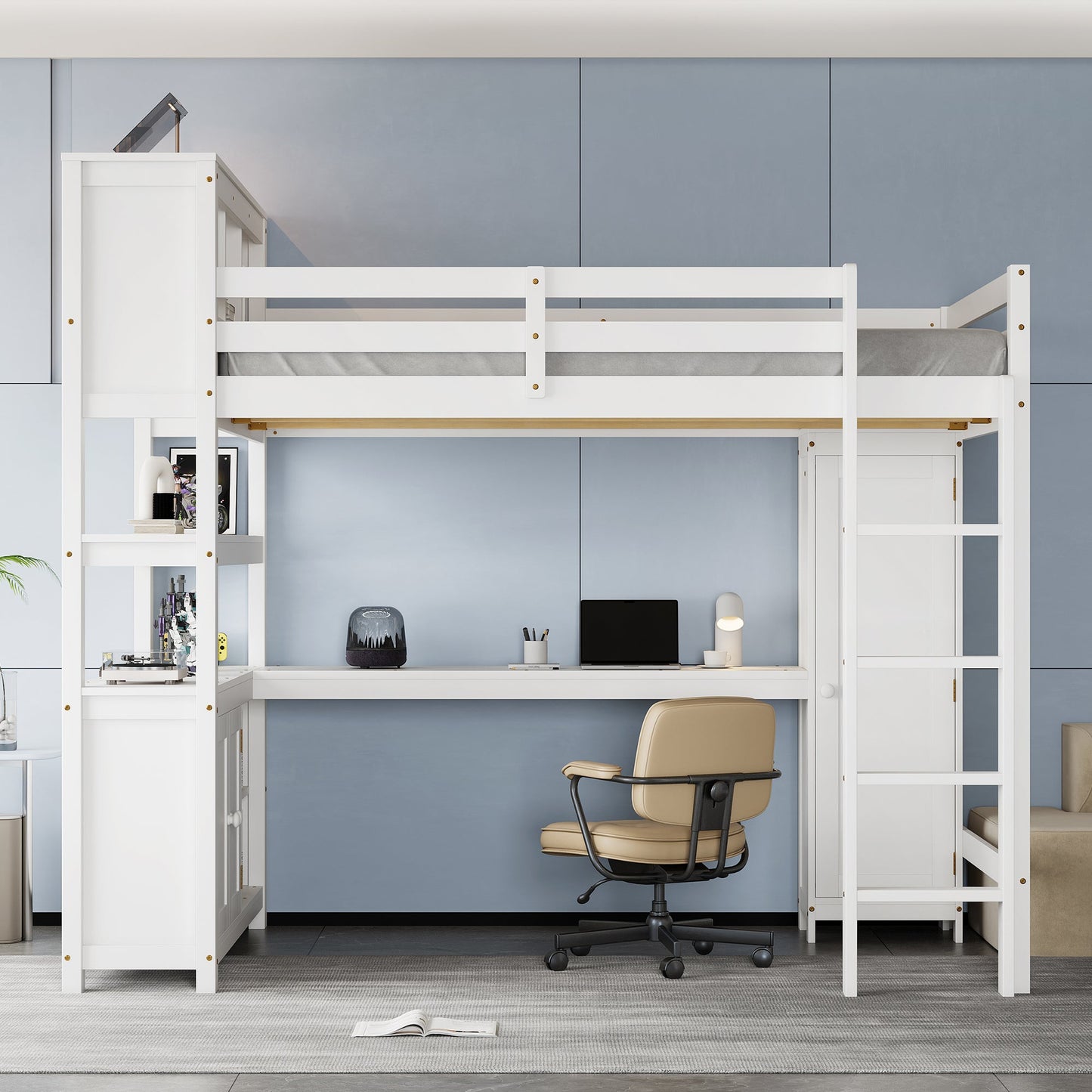 Wood Loft Bed with Cabinet and Bookshelf, Queen Size Loft with Wardrobe and Desk for Kids,White