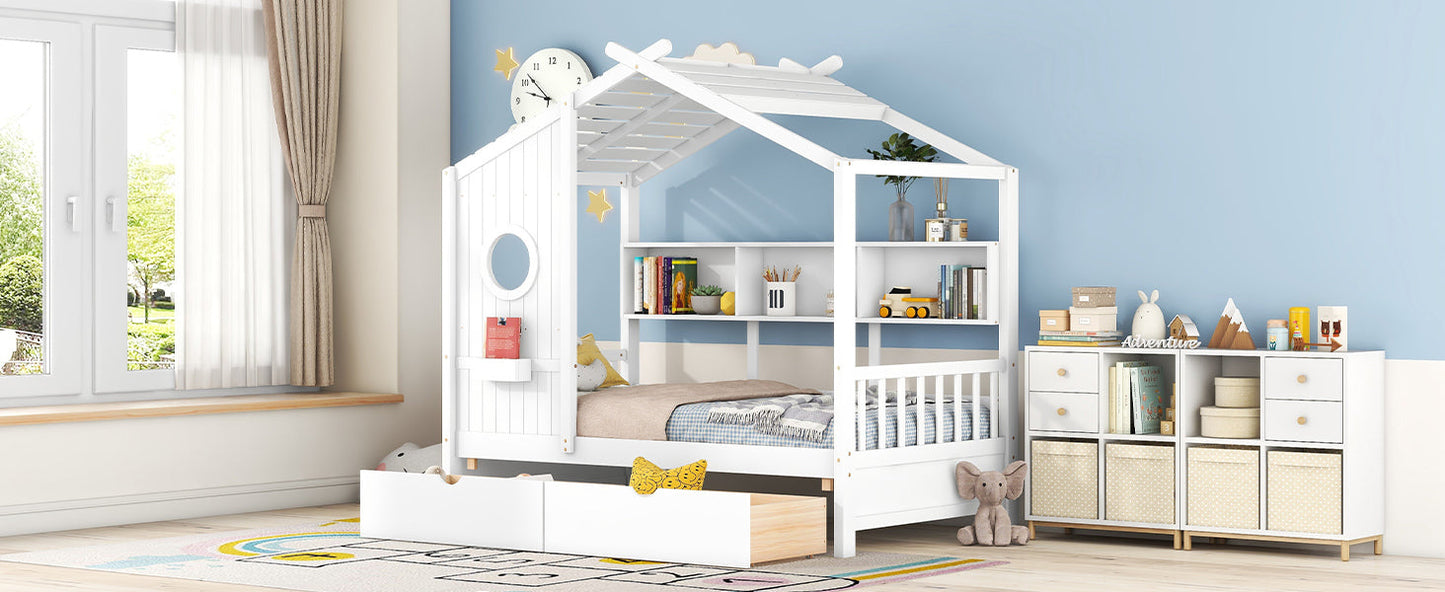 Wooden Twin Size House Bed with 2 Drawers,Kids Bed with Storage Shelf, White(Old SKU: HL000051AAK)