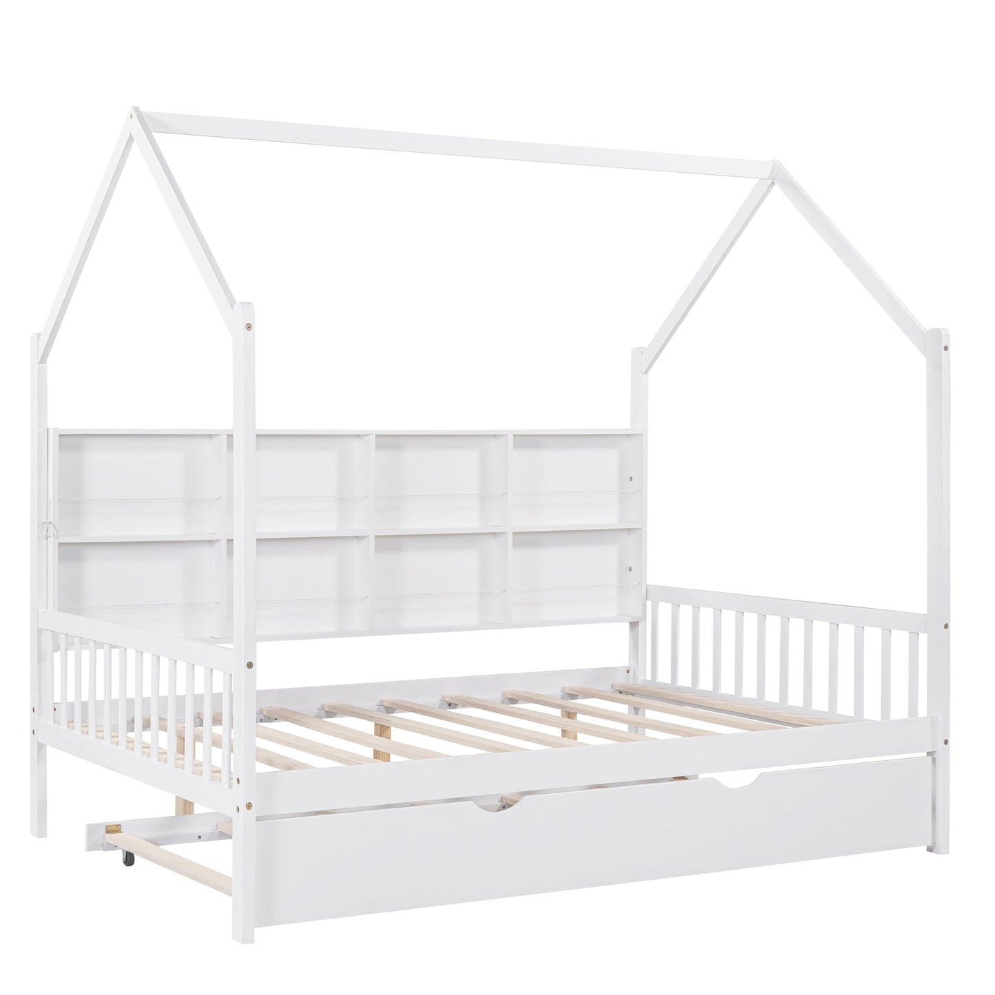 Wooden Full Size House Bed with Trundle,Kids Bed with Shelf, White (Old SKU: WF297070AAK)