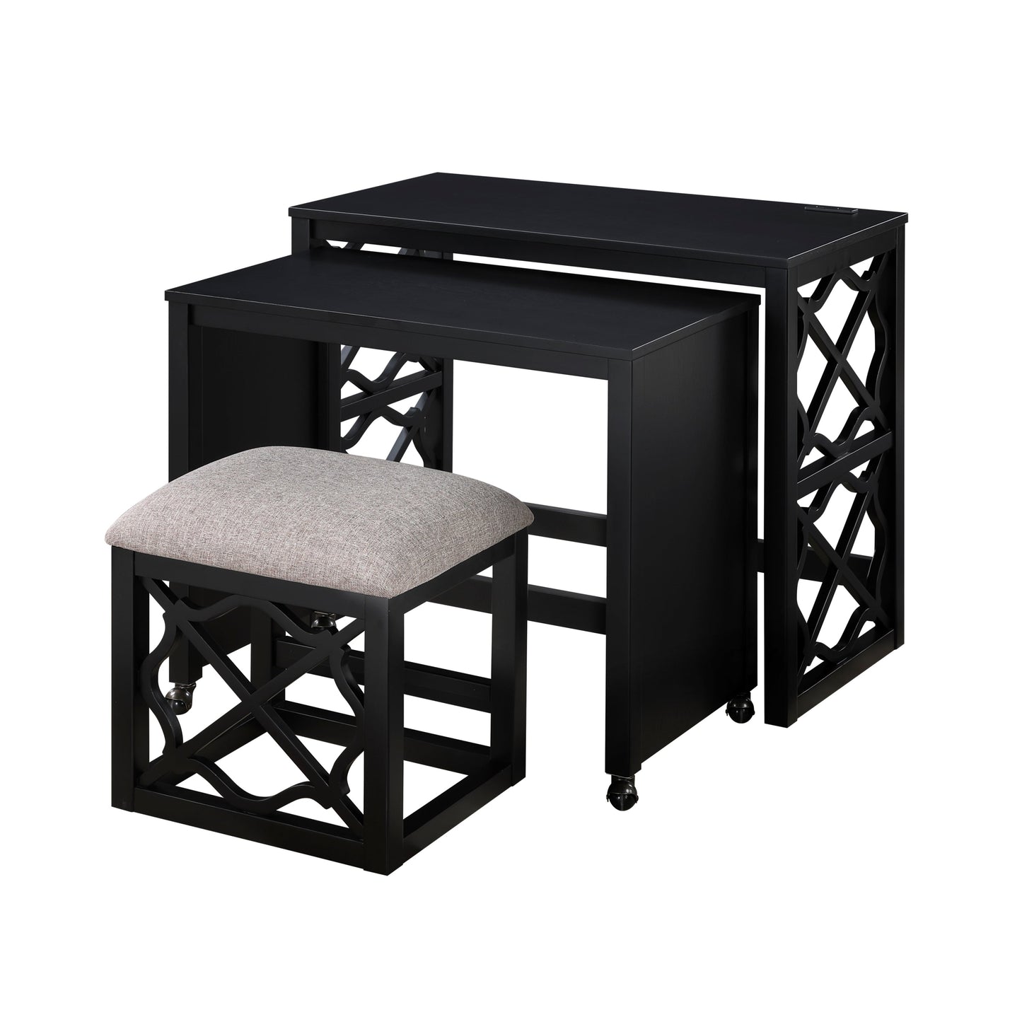 Desks and Stool Set 3pc Black Finish Rolling Desk with Casters, 2 Charging ports Home Office Furniture