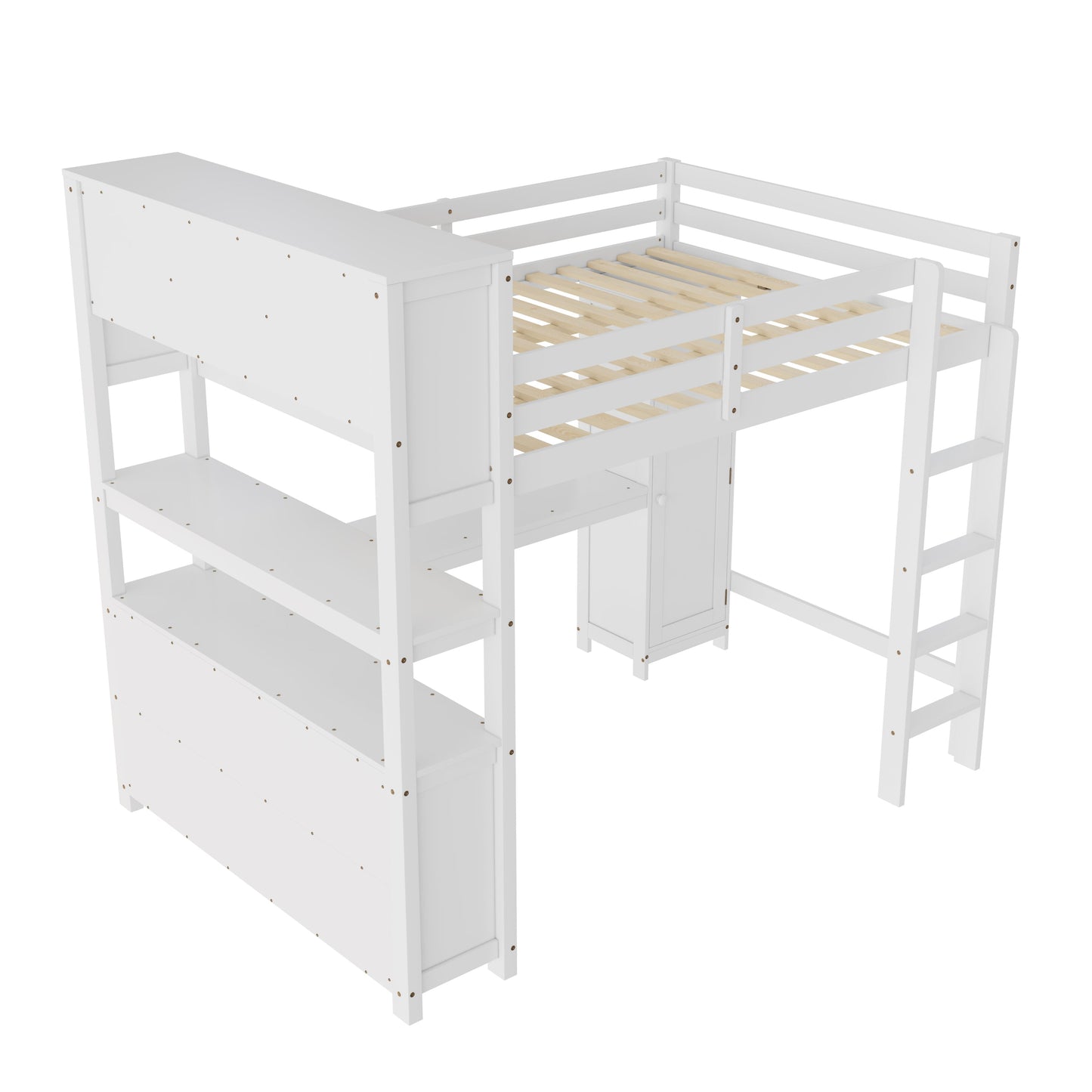 Wood Loft Bed with Cabinet and Bookshelf, Queen Size Loft with Wardrobe and Desk for Kids,White