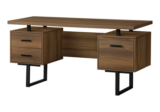 Computer Desk, Home Office, Laptop, Left, Right Set-up, Storage Drawers, 60'l, Work, Walnut Laminate, Black Metal, Contemporary, Modern