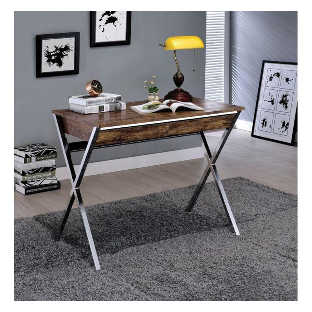 Rectangular Writing Desk with 2 Drawers, Weathered Oak and Chrome