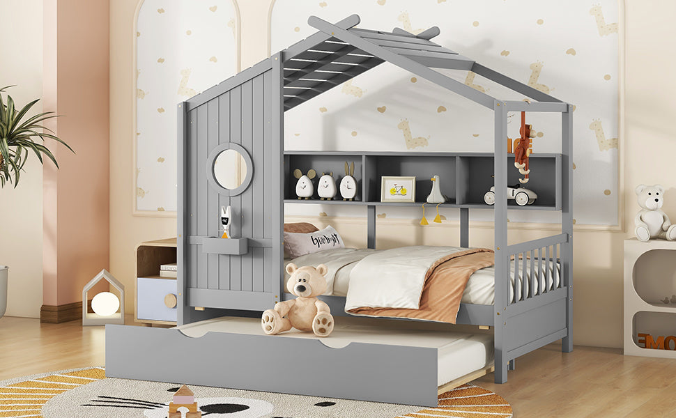 Wooden Twin Size House Bed With Trundle, Modern Design for Kids with Storage Shlef, Gray(old SKU HL000094AAE)