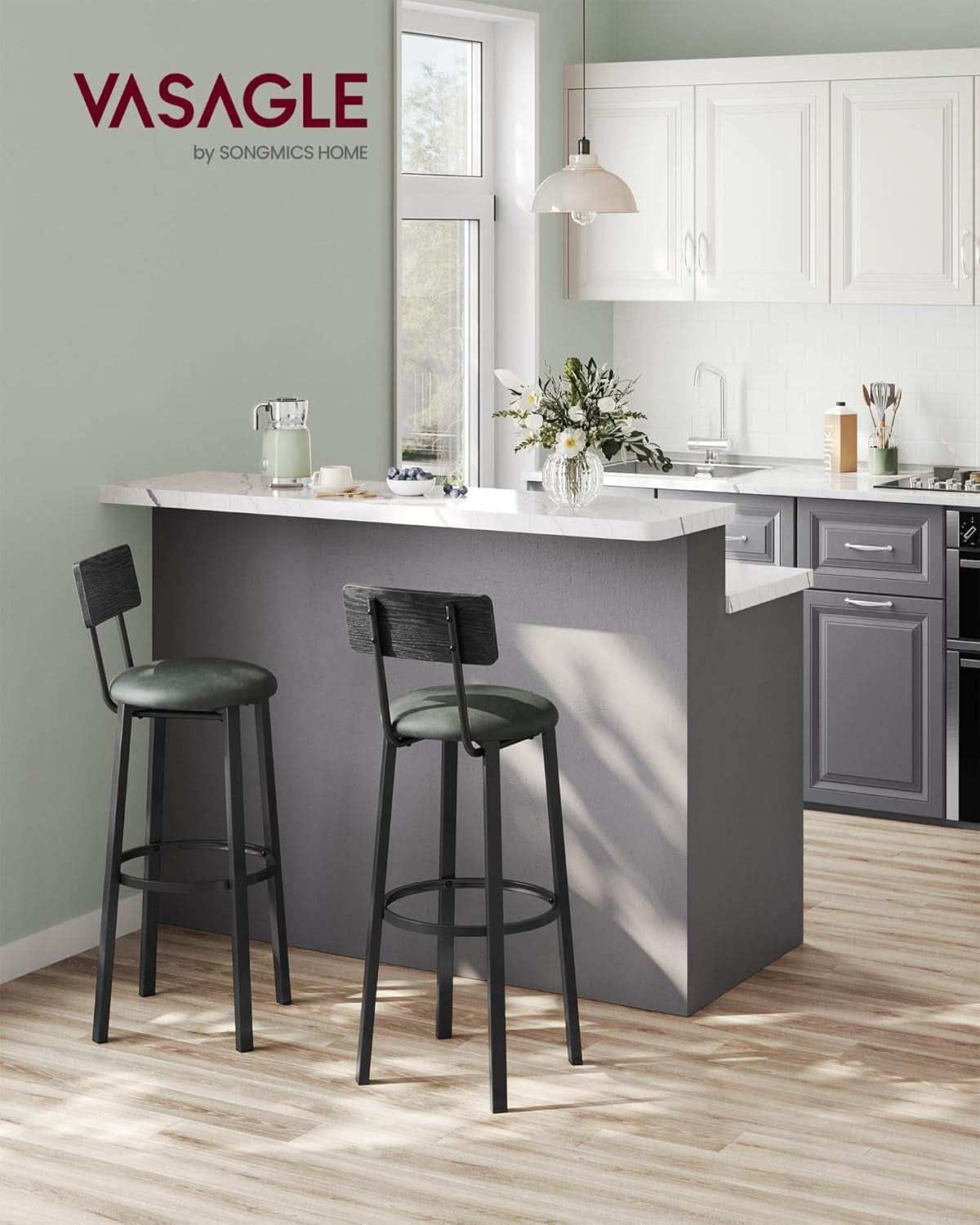 29.7 Inch PU Bar Stools Set Of 2 With Backrest And Footrest