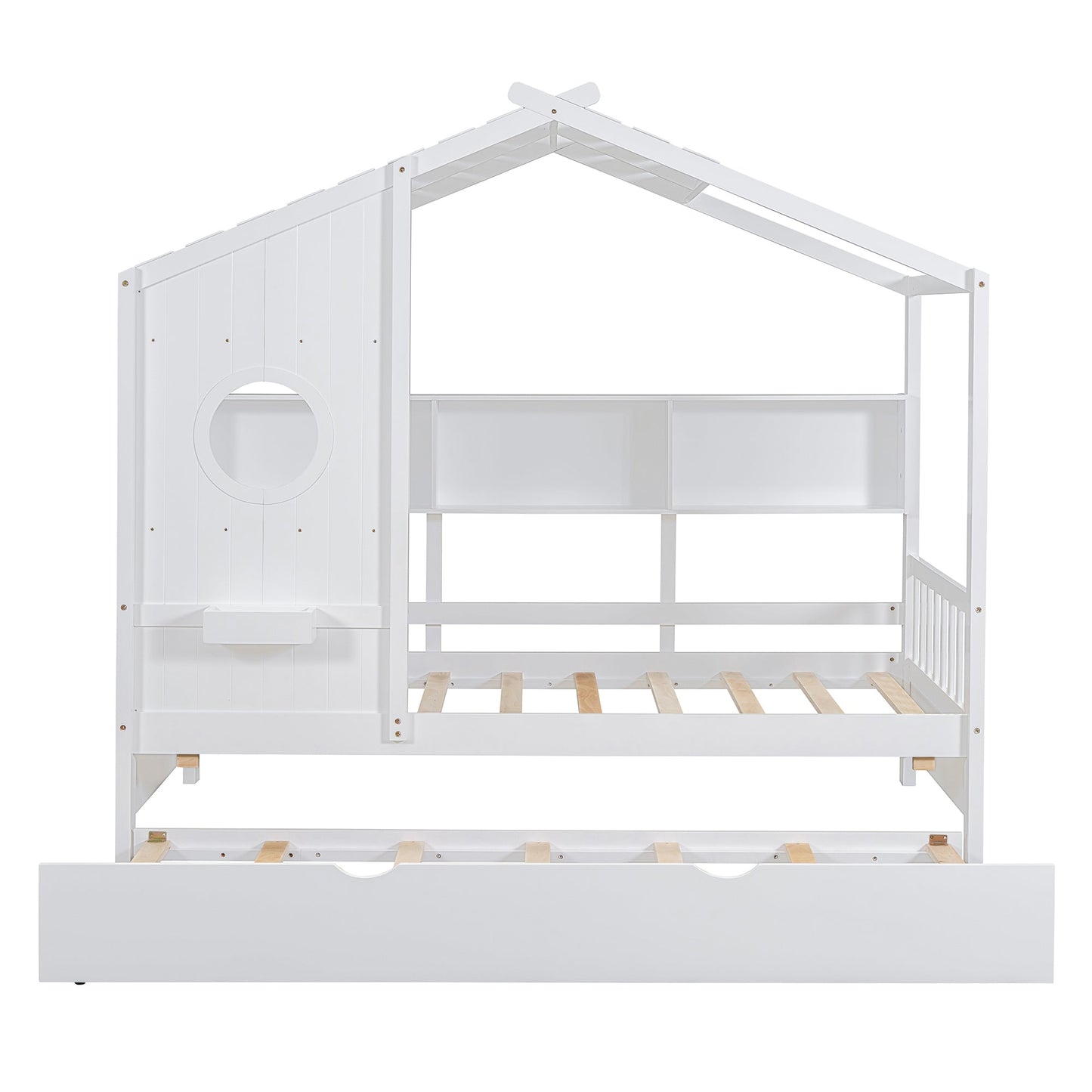 Wooden Twin Size House Bed With Trundle, Modern Design for Kids with Storage Shlef, White(old SKU HL000094AAK)