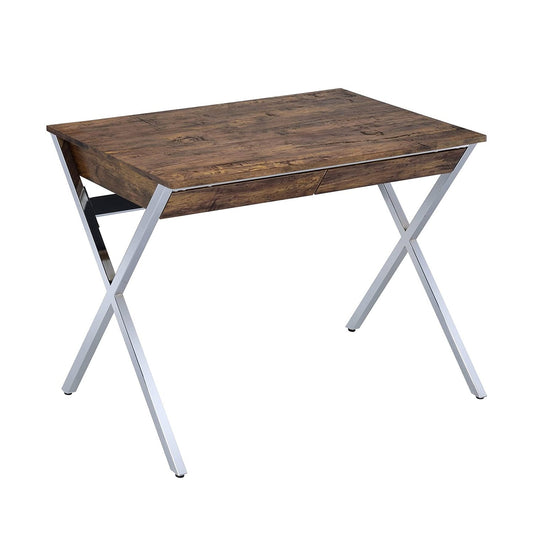 Rectangular Writing Desk with 2 Drawers, Weathered Oak and Chrome