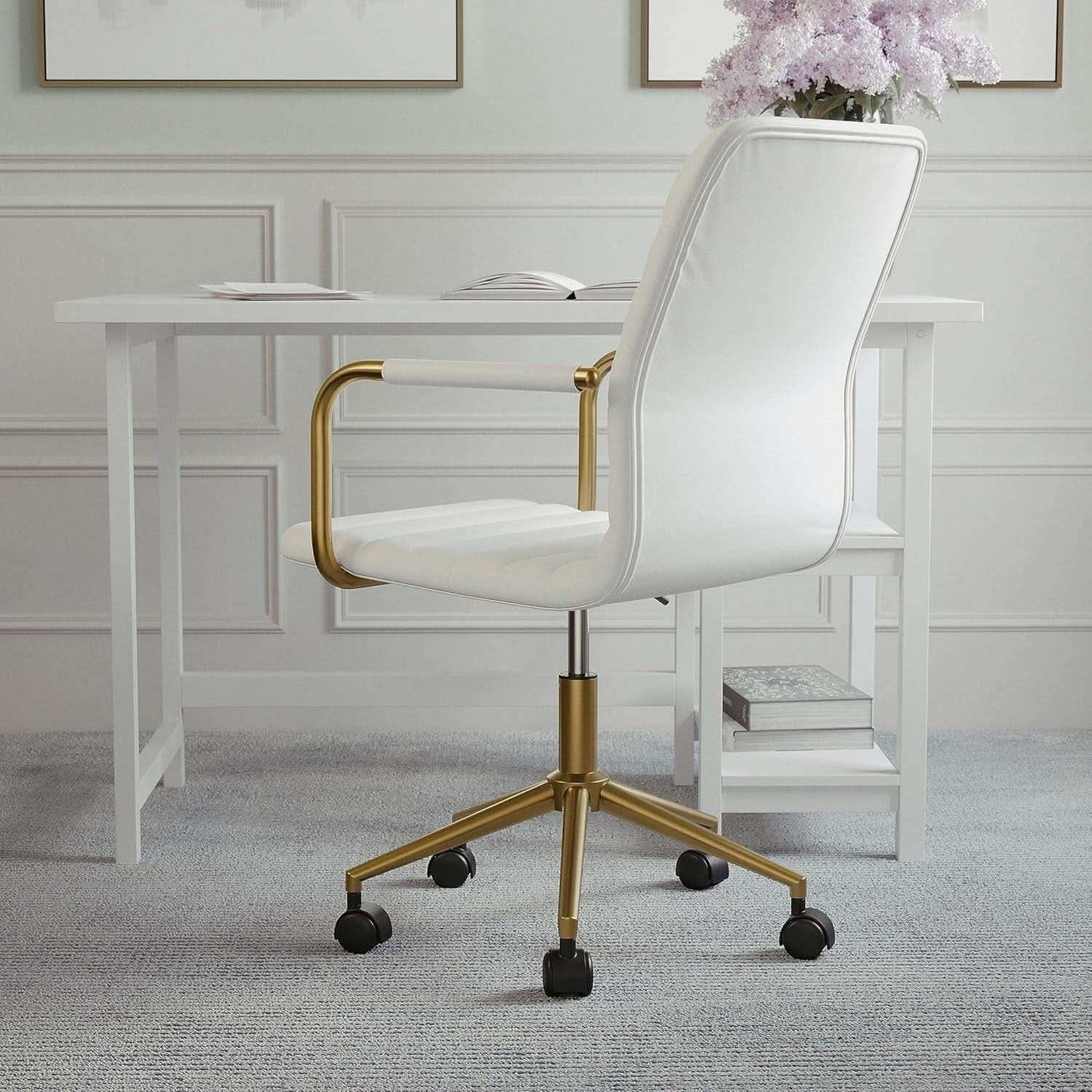 Taytum Swivel Task Chair White Faux Leather Brass Frame