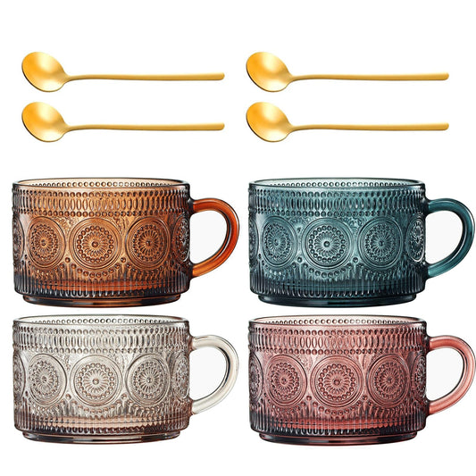 Tonal Hobnail Mug Glassware with Four Gold Spoons, Set of 4