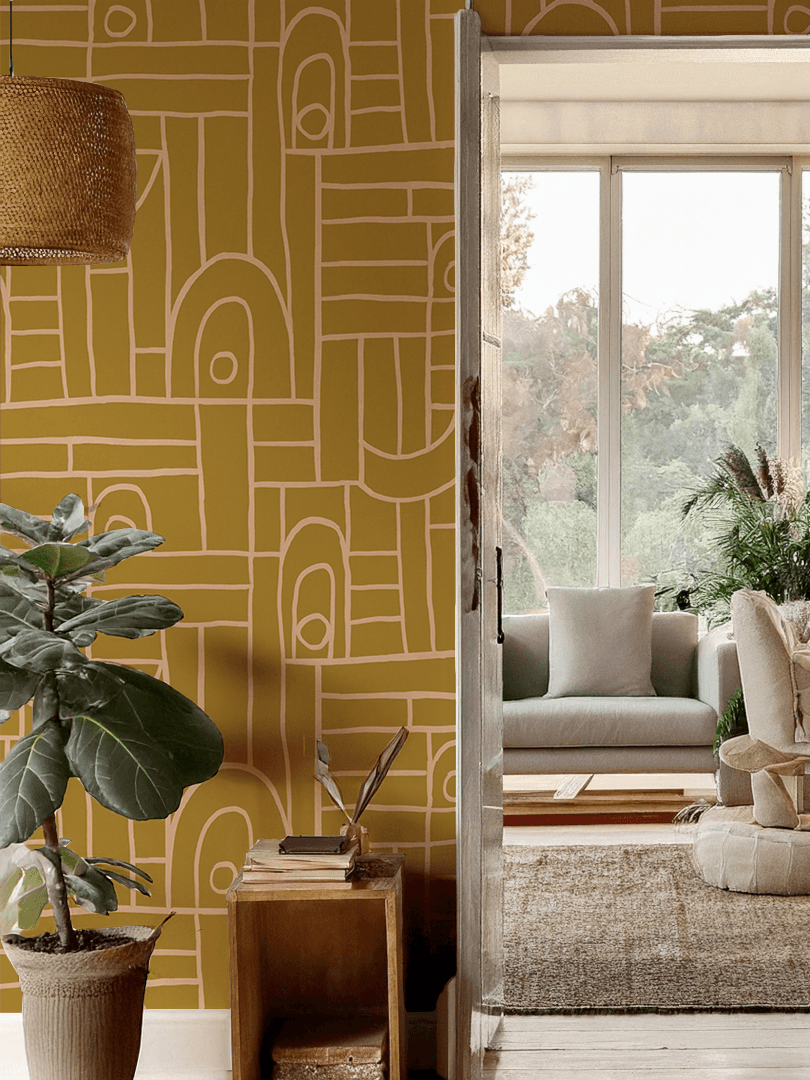 Deco Tile Wallpaper, mustard and peach
