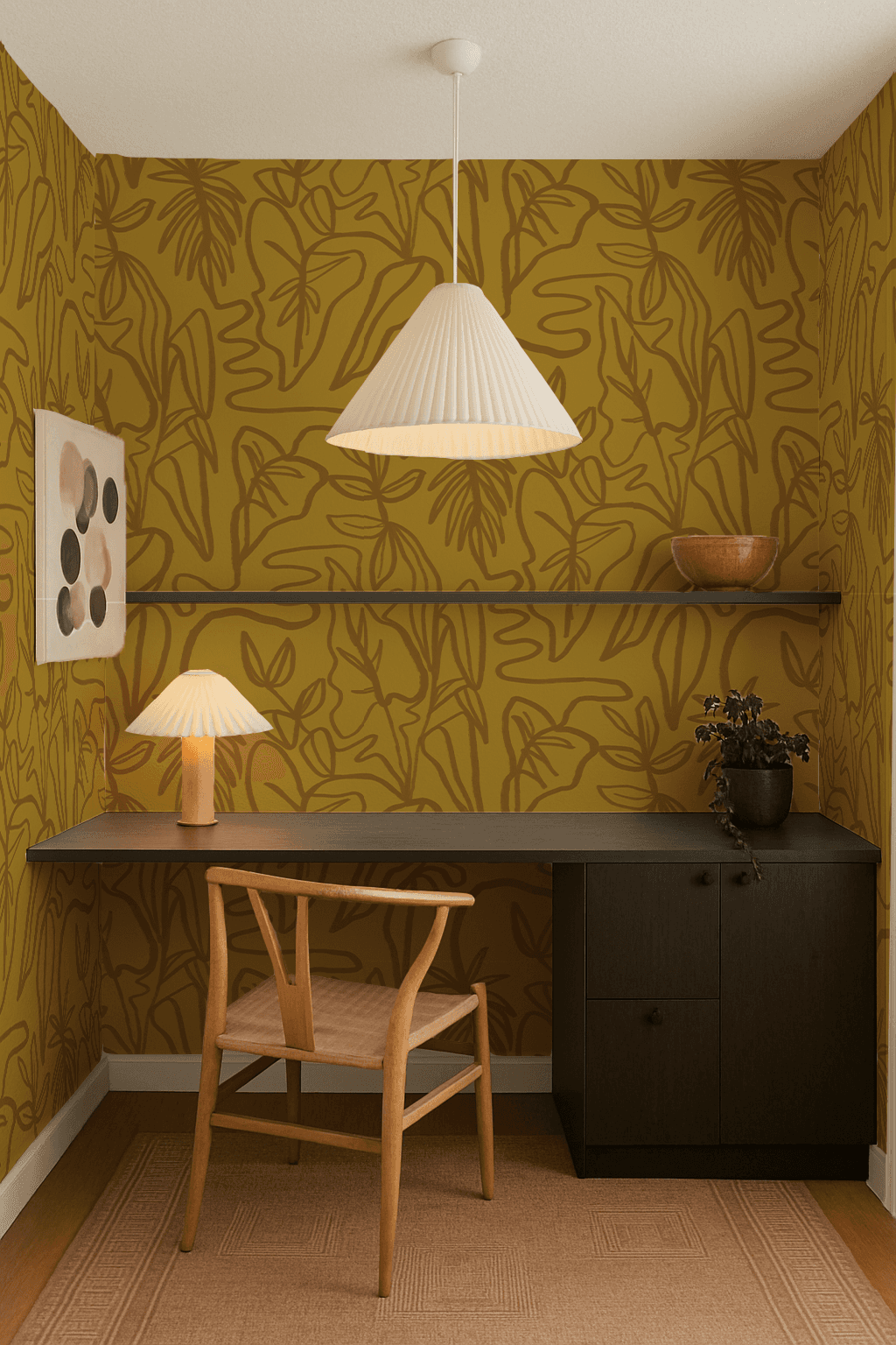 Inked Foliage Wallpaper, mustard