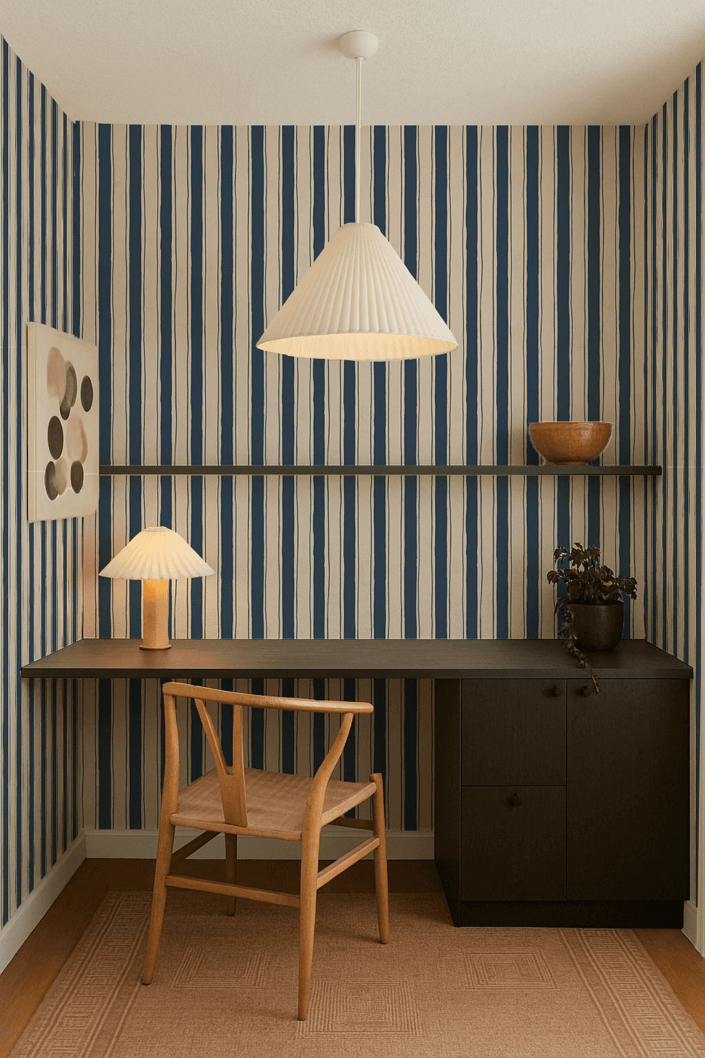 Riviera Stripe Wallpaper, off-white and navy