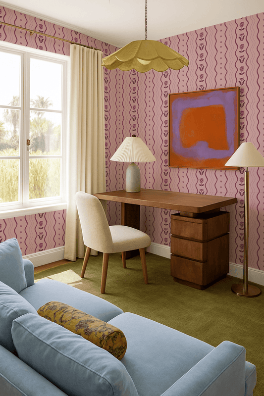 Posy Lane Stripe Wallpaper, lilac and plum