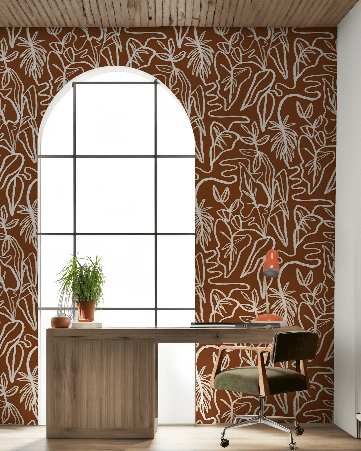 Inked Foliage Wallpaper, rust and white