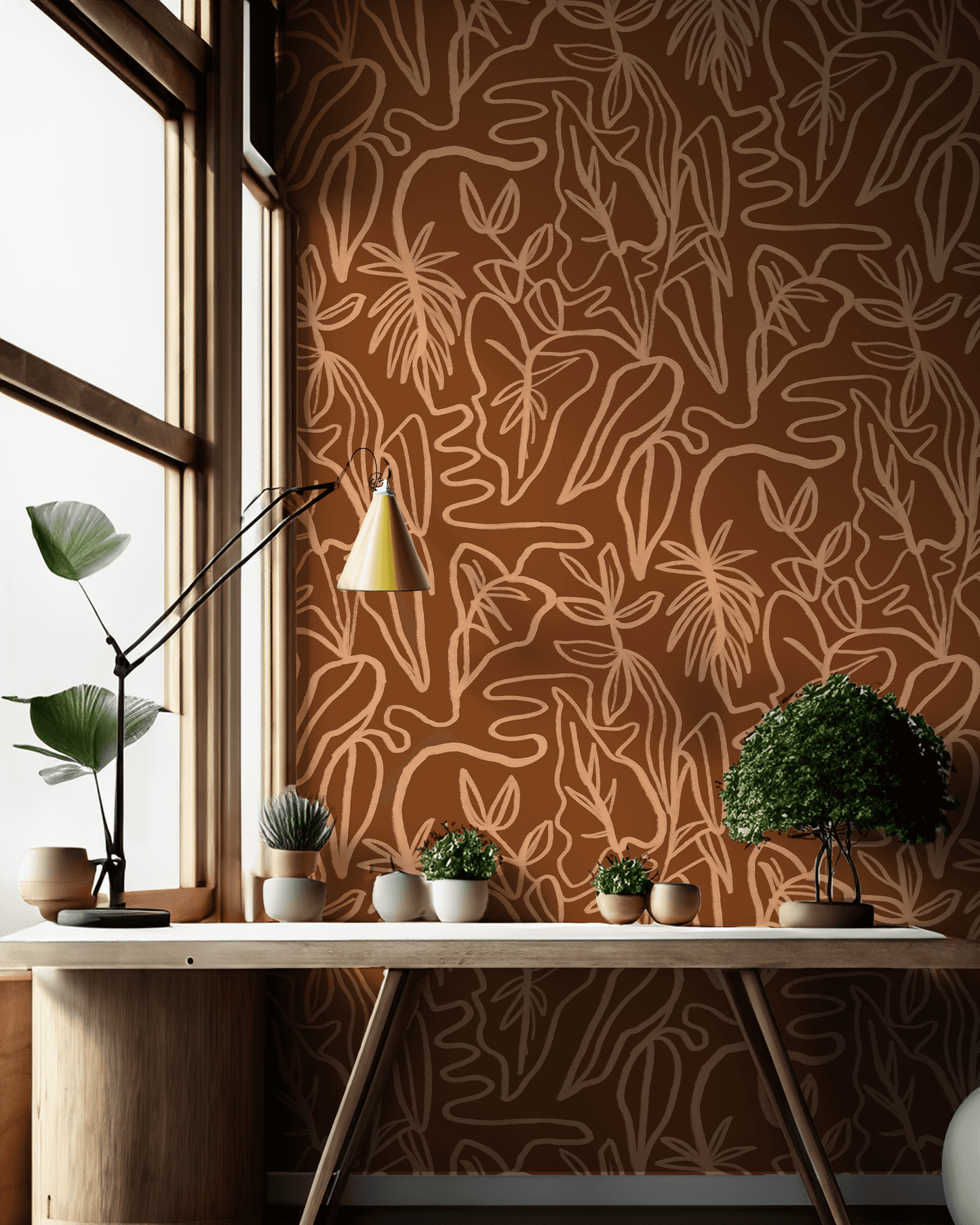 Inked Foliage Wallpaper, rust and peach