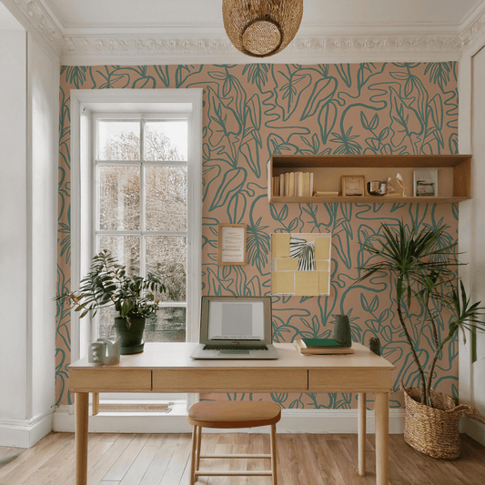 Inked Foliage Wallpaper, peach and teal