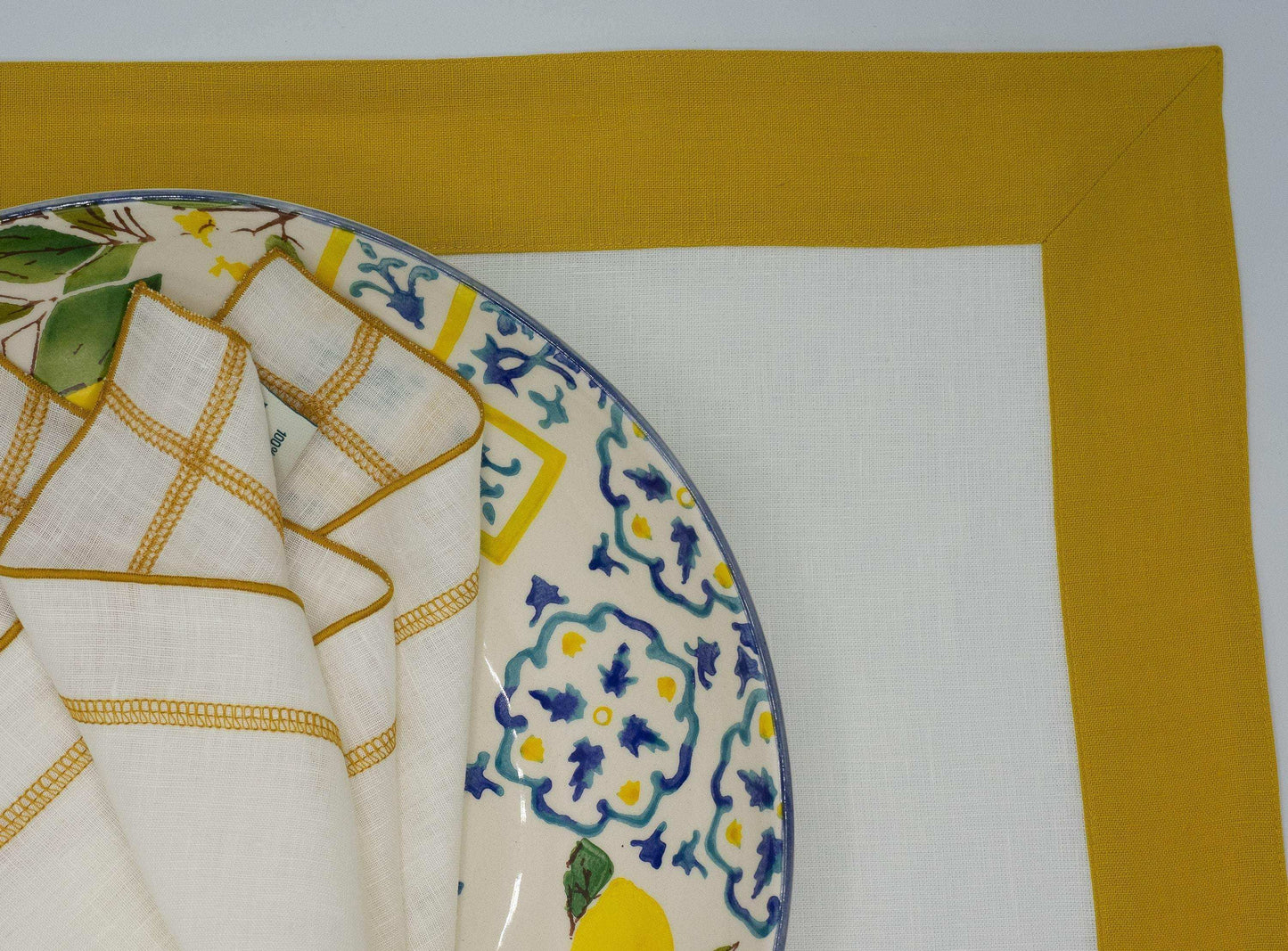 Linen Placemats With Mustard Borders, Set of 4