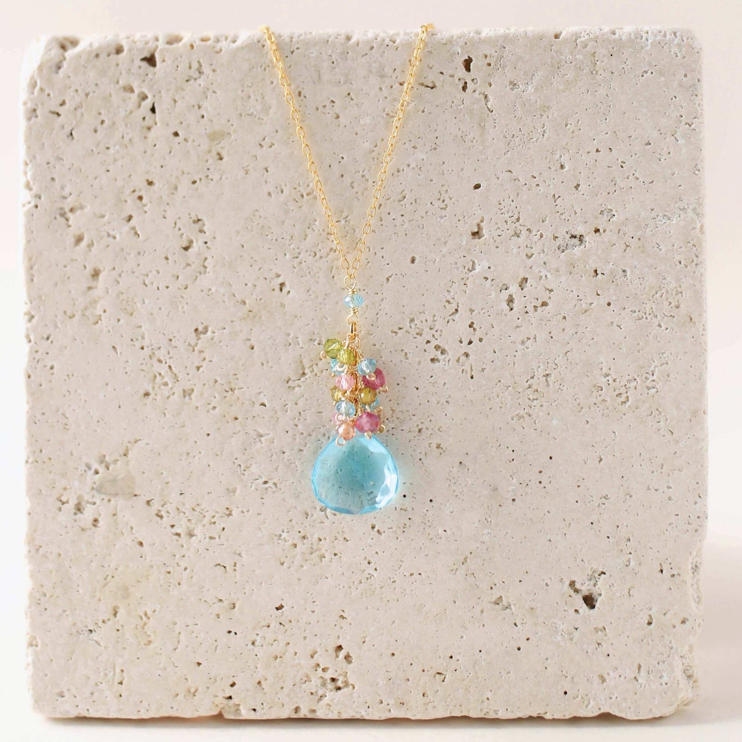 Aquamarine Quartz Silver Raindrop Cluster Necklace