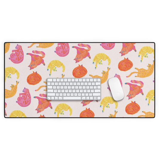 Sleepy Cozy Kitty Cats in Orange Desk Mat