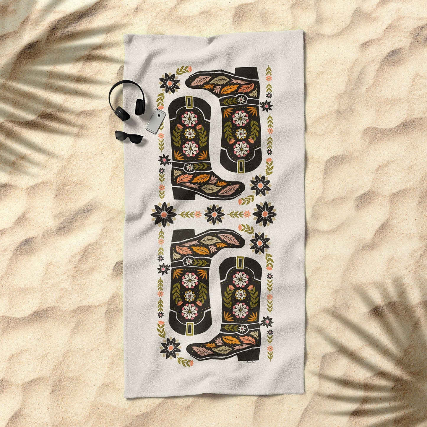 Cowboy Boots and Flowers Beach Towel