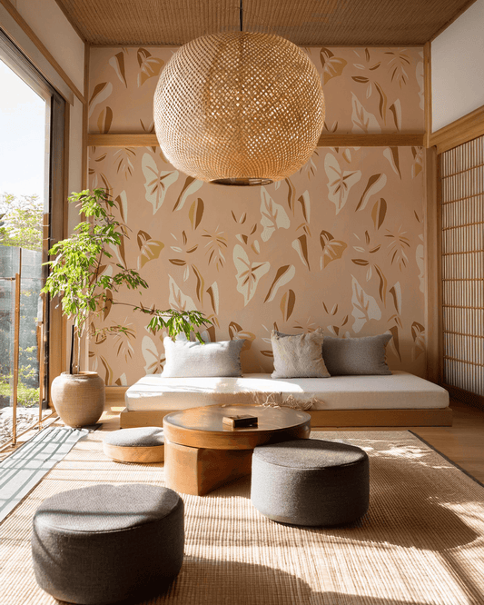 Block Print Foliage Wallpaper, peach and mustard