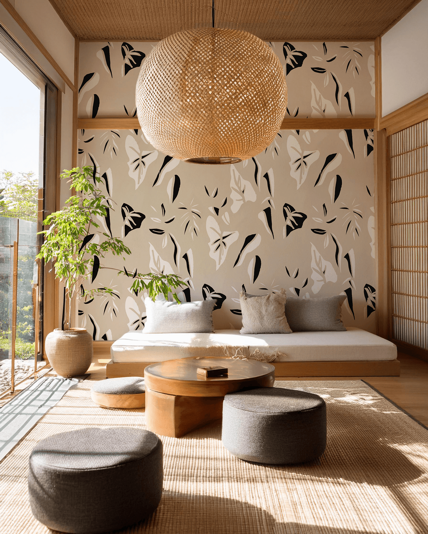 Block Print Foliage Wallpaper, tan and black