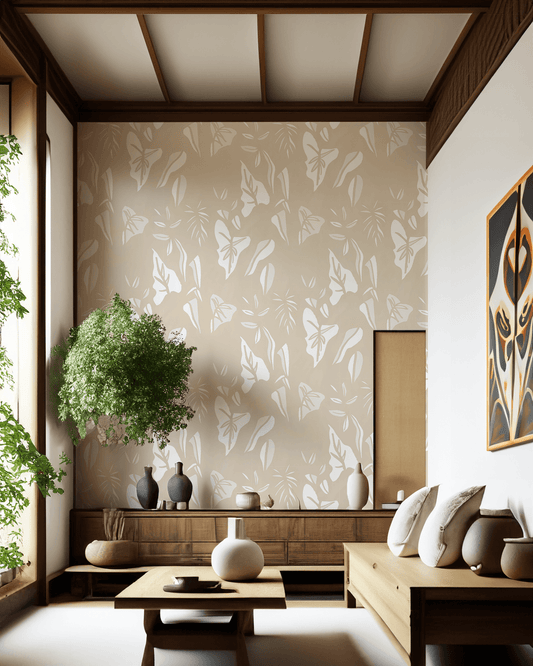 Block Print Foliage Wallpaper, tan and off-white