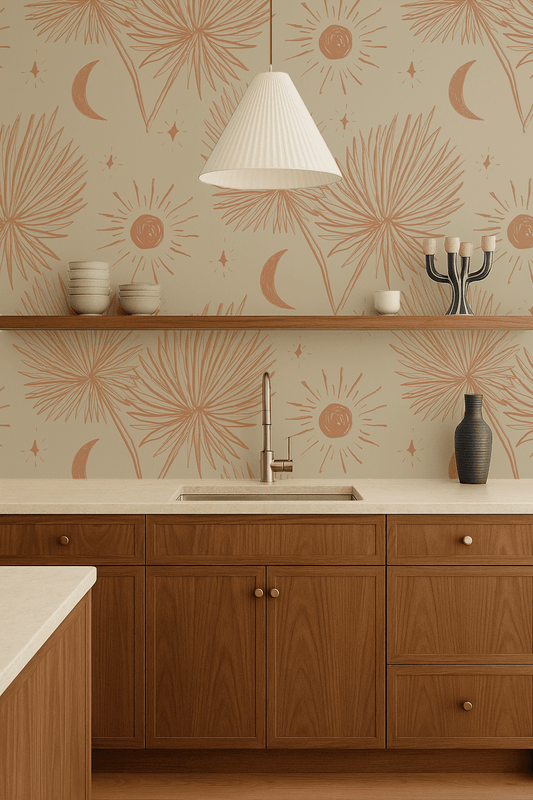 Night Palm Wallpaper, tan and terra cotta