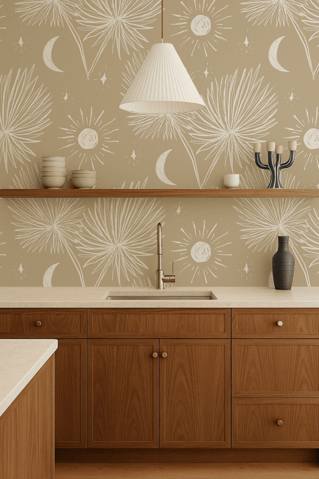 Night Palm Wallpaper, tan and white