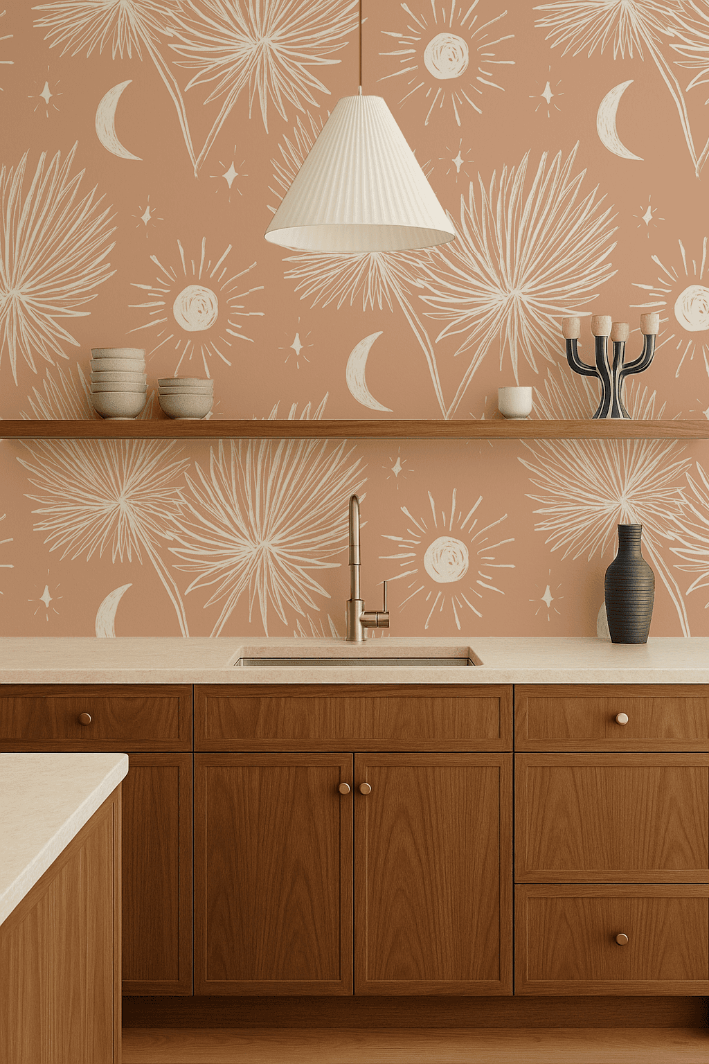 Night Palm Wallpaper, terra cotta and white