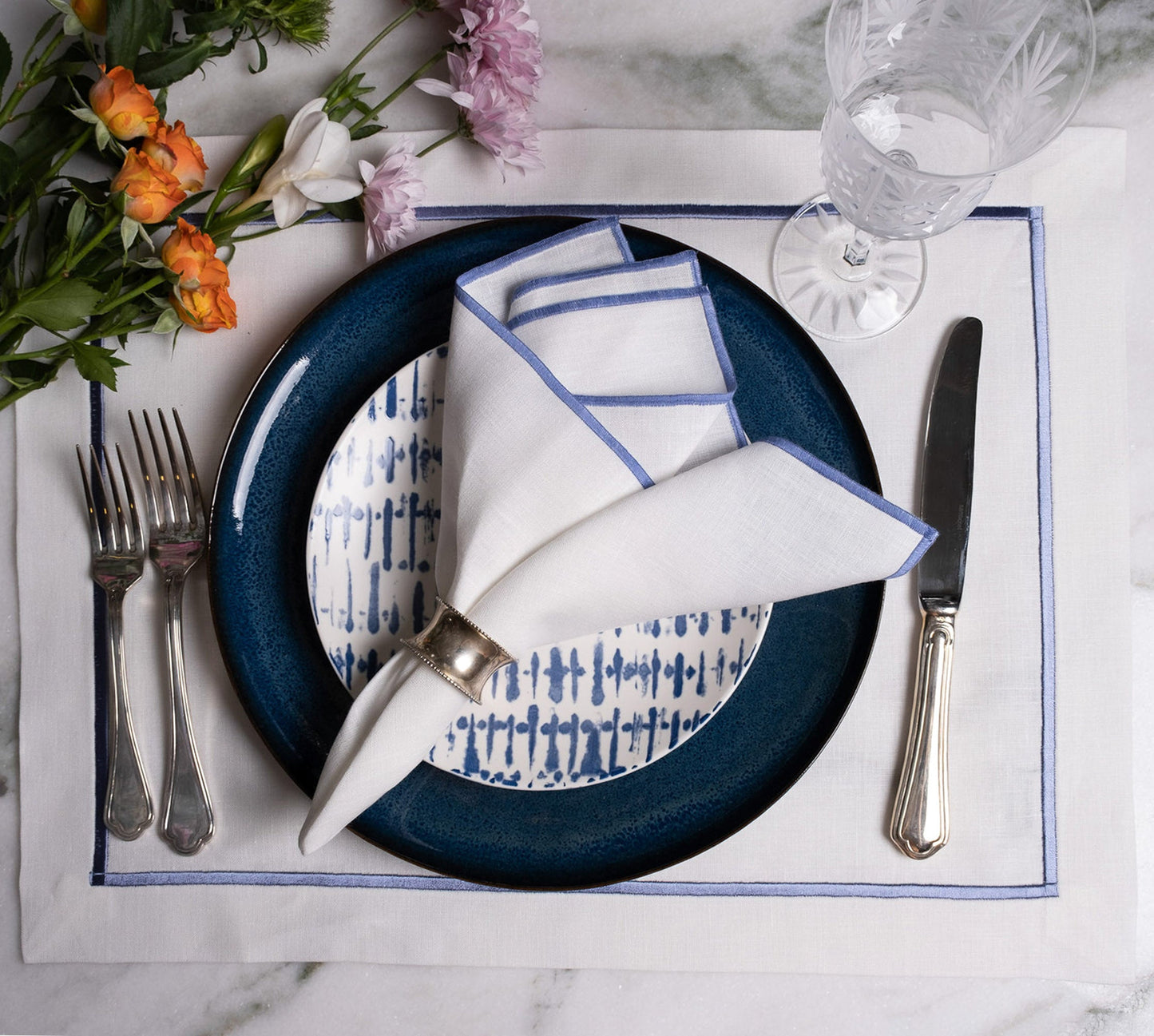 Linen Napkins With Blue Stitch Edges Set of 4