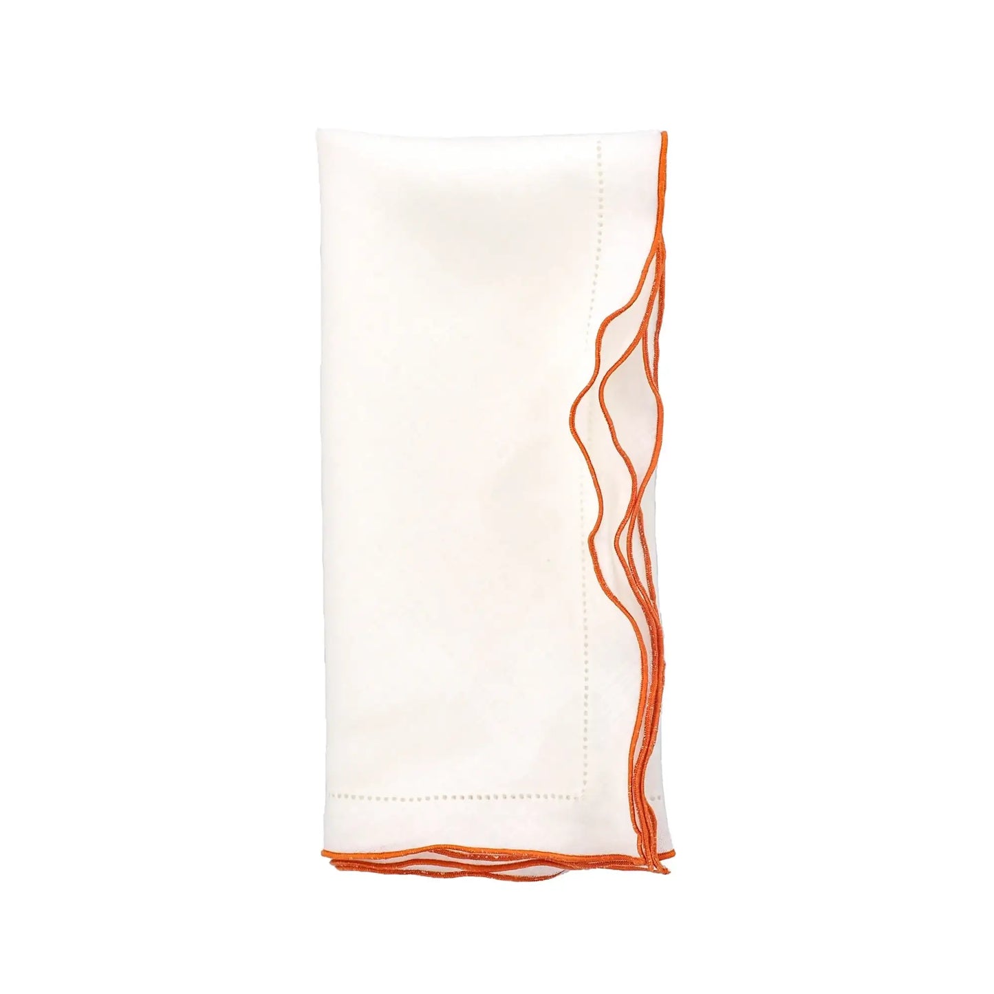 White Linen Napkins With Orange Ruffled Hemstitch Edges, Set of 4