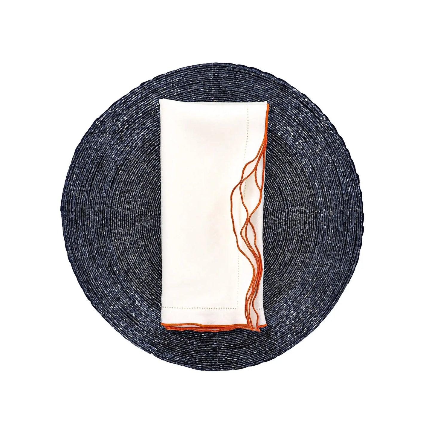 White Linen Napkins With Orange Ruffled Hemstitch Edges, Set of 4