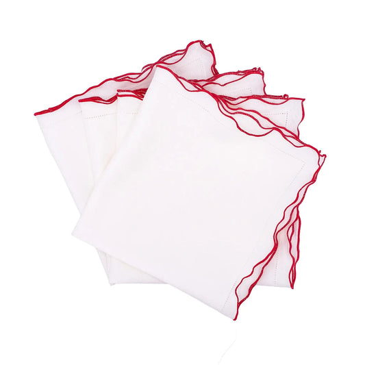 White Linen Napkins With Red Ruffled Hemstitch Edges, Set of 4