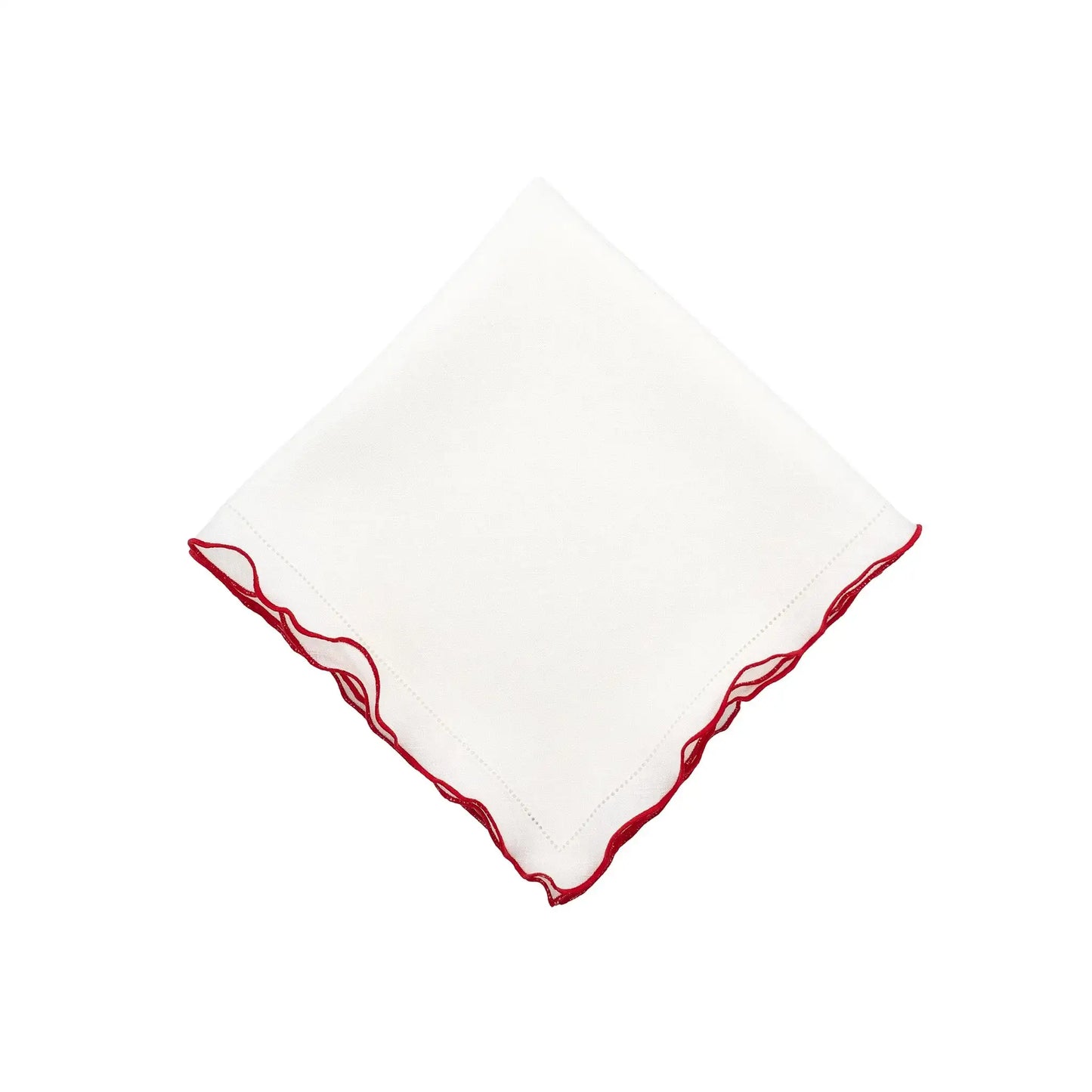 White Linen Napkins With Red Ruffled Hemstitch Edges, Set of 4