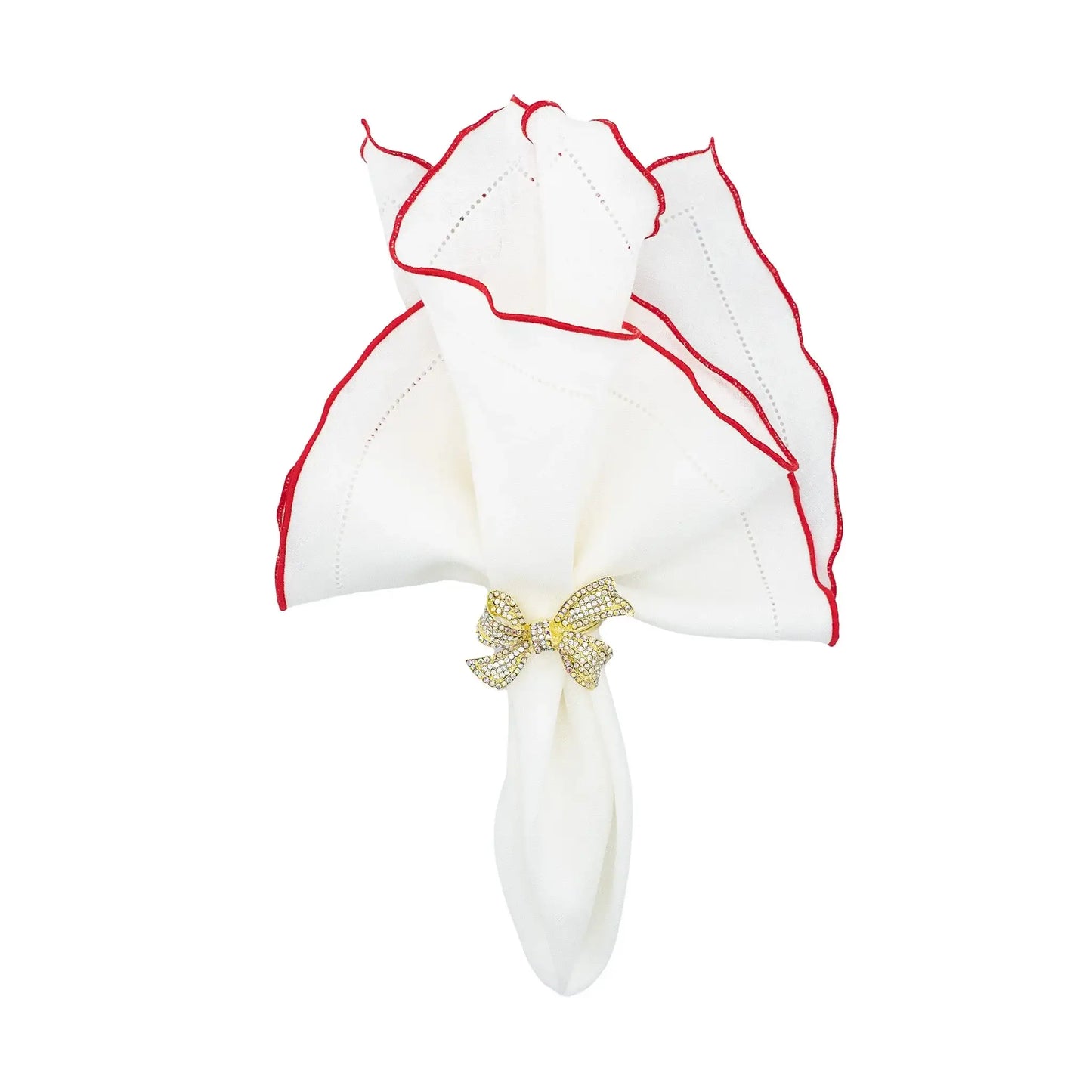 White Linen Napkins With Red Ruffled Hemstitch Edges, Set of 4