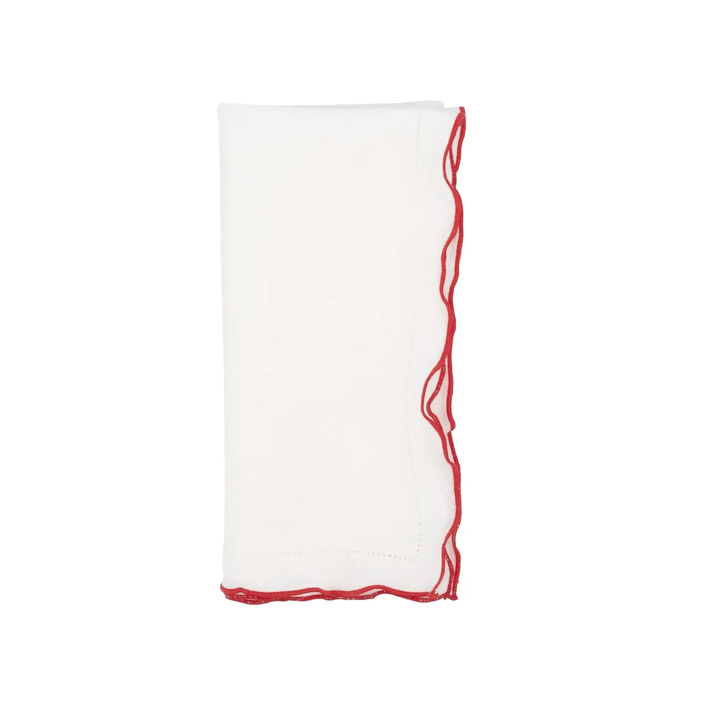 White Linen Napkins With Red Ruffled Hemstitch Edges, Set of 4