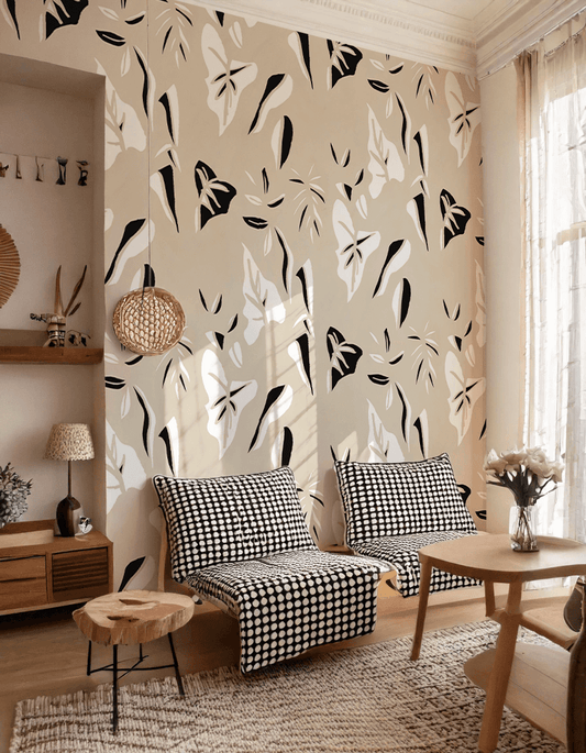 Block Print Foliage Wallpaper, tan and black