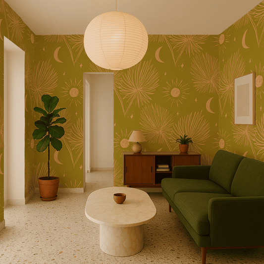 Night Palm Wallpaper, chartreuse and peach