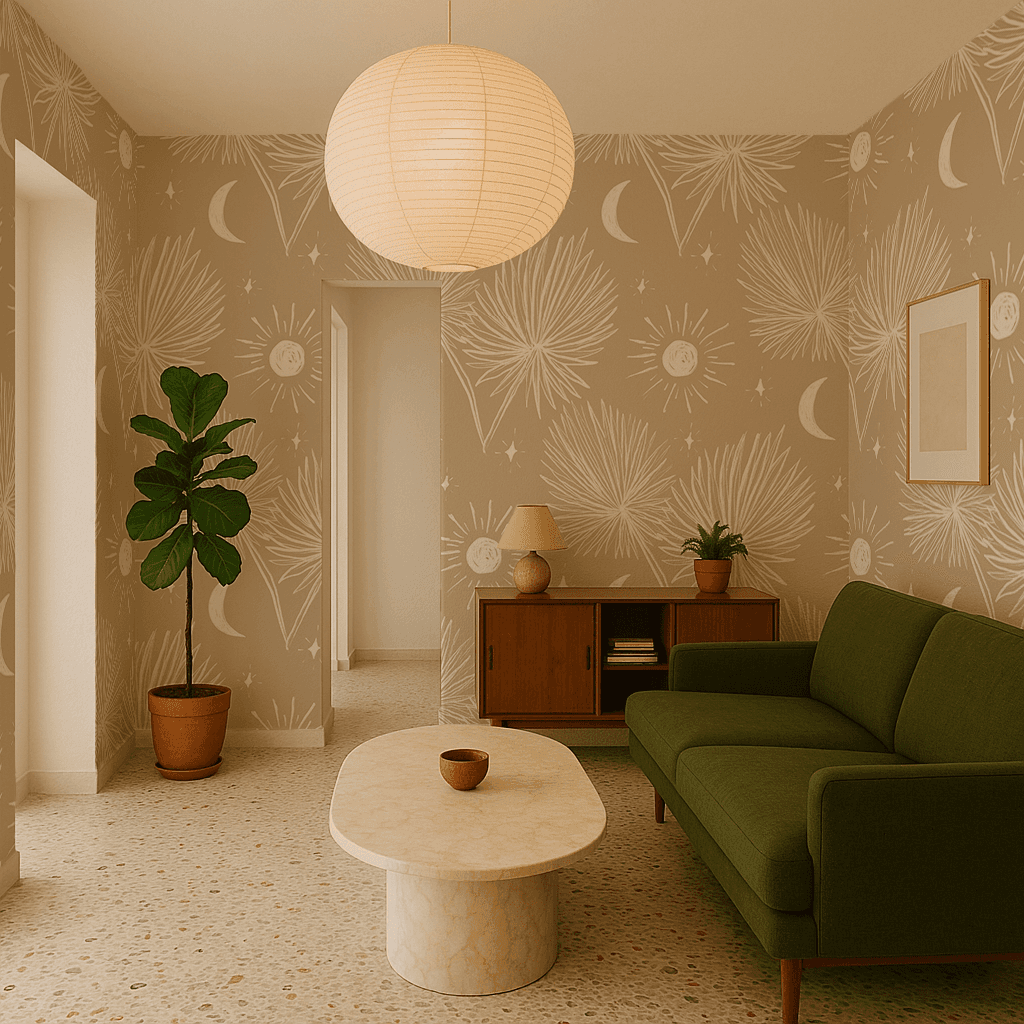 Night Palm Wallpaper, tan and white