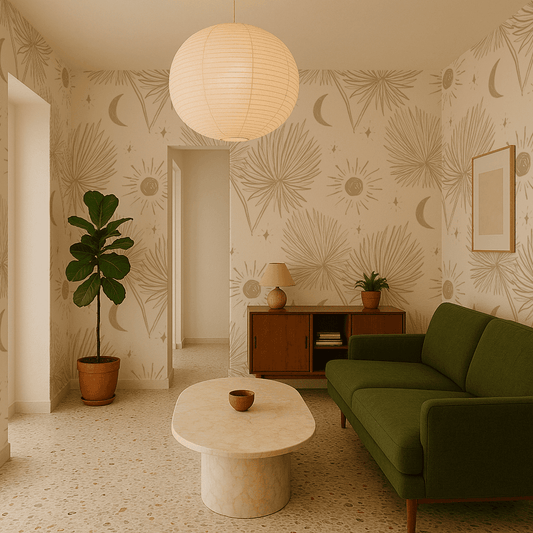 Night Palm Wallpaper, white and tan