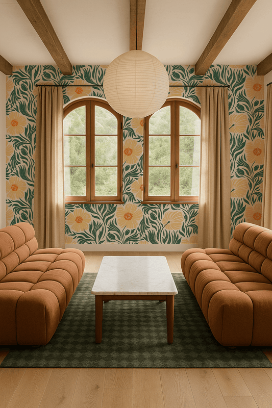 Matilija Wallpaper, white, teal and peach