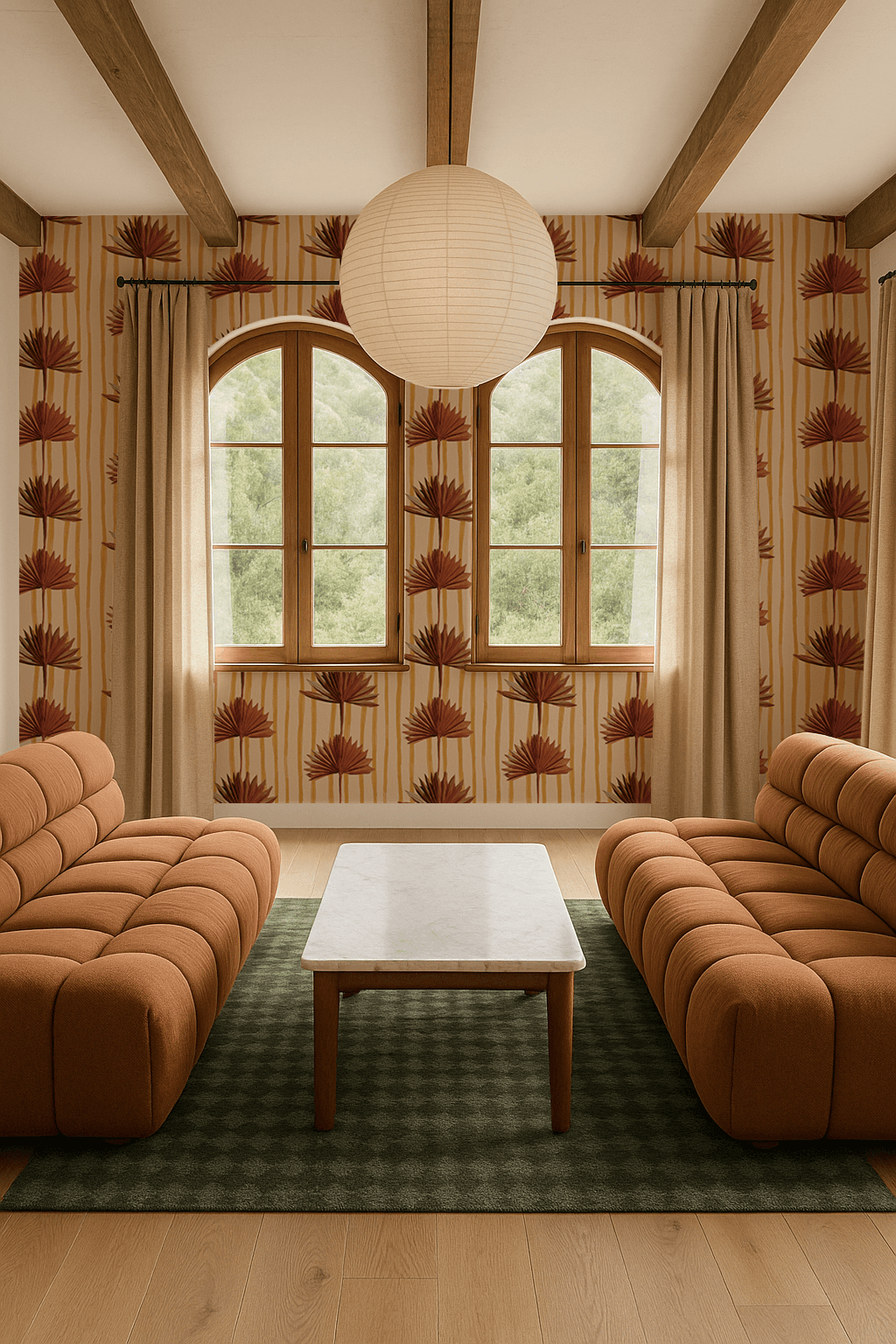 Stripey Palm Wallpaper, nude mustard and rust