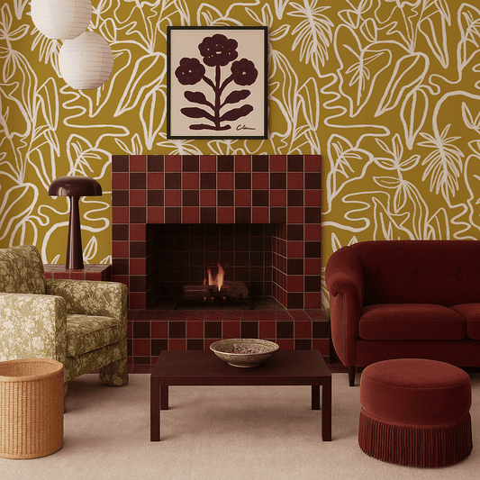 Inked Foliage Wallpaper, mustard and white