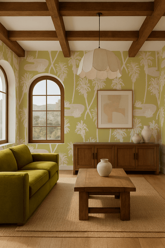 Palm Oasis Wallpaper, lemon and white