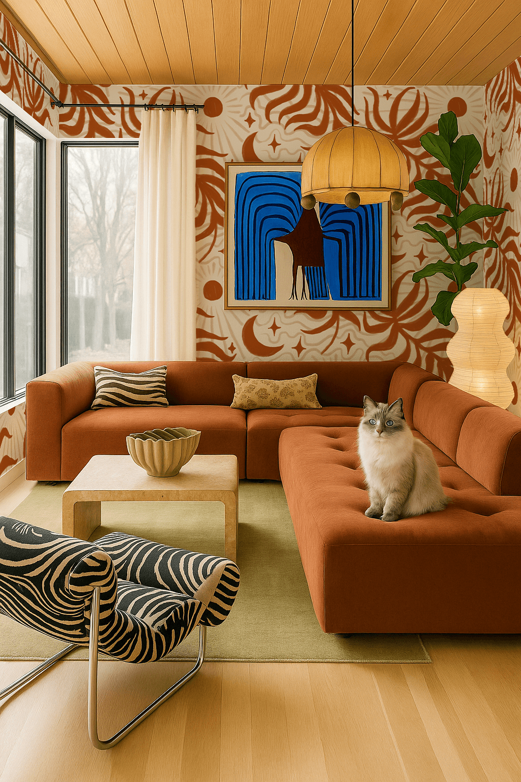 Lunar Leaf Wallpaper, beige and rust