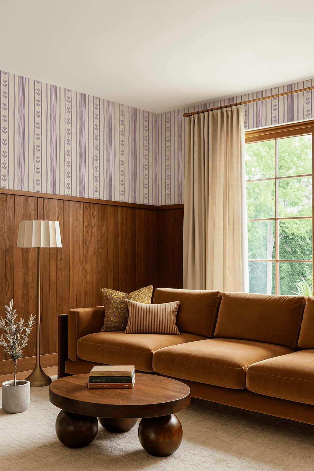 Daisy Chain Stripe Wallpaper, beige and lavender