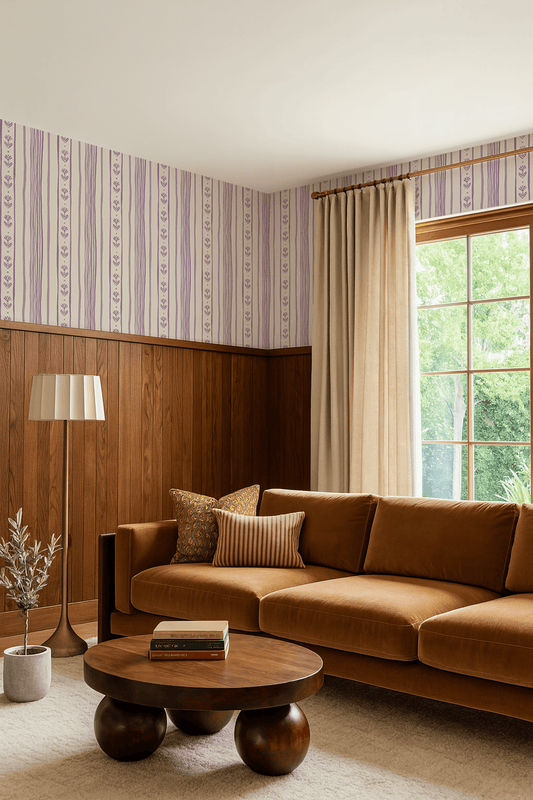 Daisy Chain Stripe Wallpaper, beige and lavender
