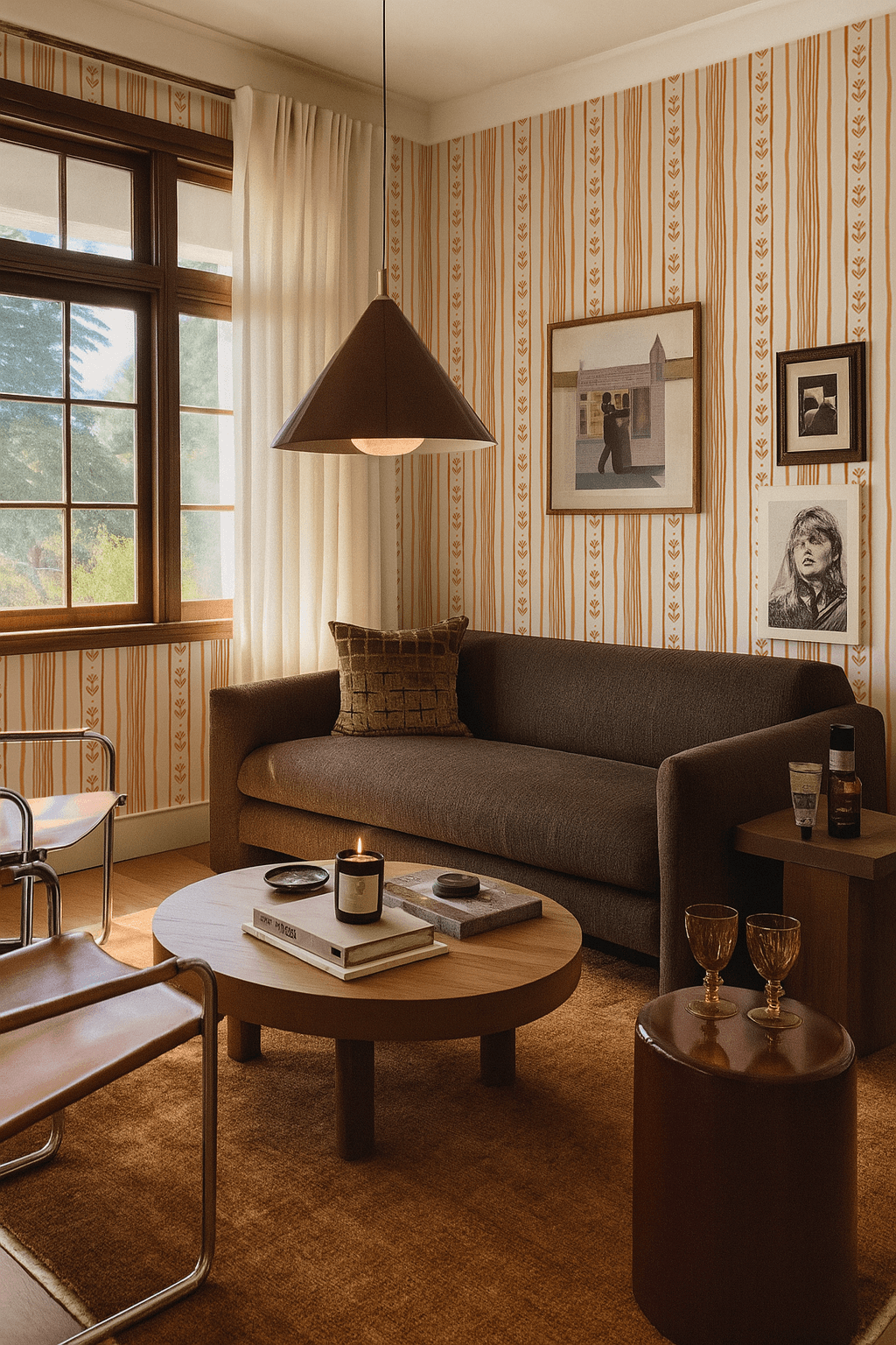 Daisy Chain Stripe Wallpaper, beige, apricot and orange
