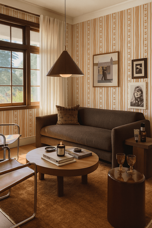 Daisy Chain Stripe Wallpaper, beige, apricot and orange